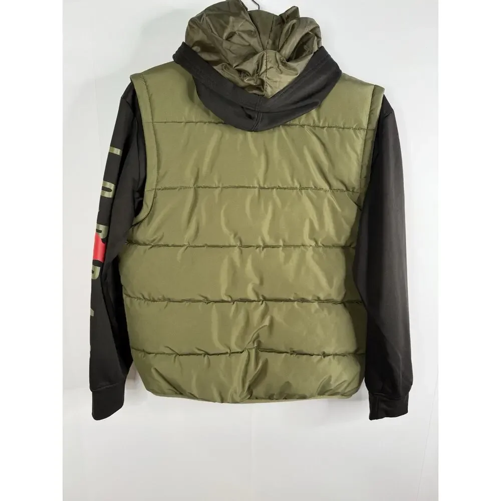 NIKE AIR JORDAN Puffer Vest Hoodie Jacket L 12-13 Yrs Black Therma Fit Spell Out